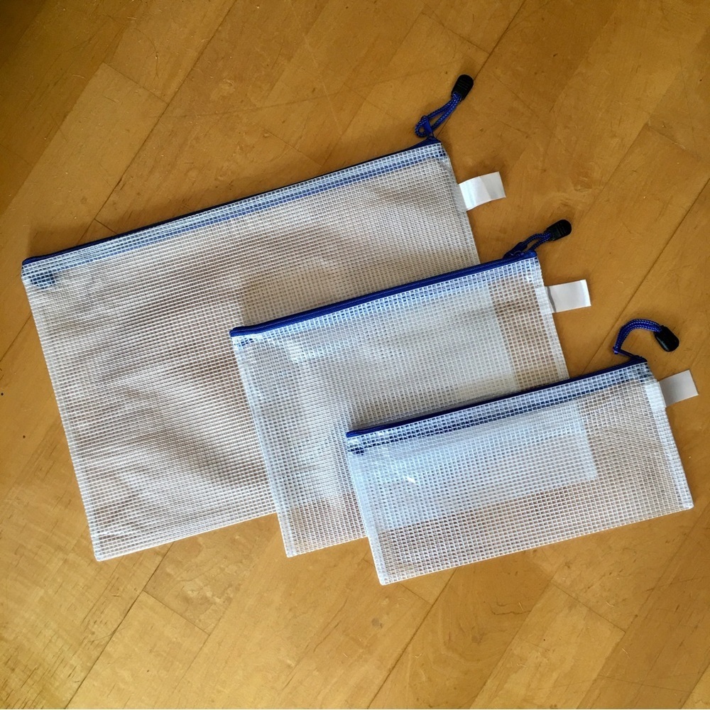 Set/3 Waterproof BLUE Document Zipper Travel Pouches, File Organizers, Clear